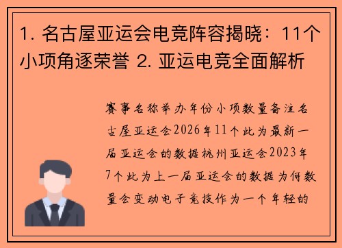 1. 名古屋亚运会电竞阵容揭晓：11个小项角逐荣誉 2. 亚运电竞全面解析：2026名古屋设定的11个竞赛项目